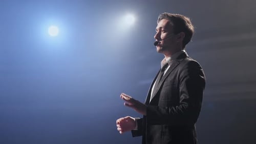 Speech of Business Man Employee at Business Conference for Office Workers Speaker Talks to Audience