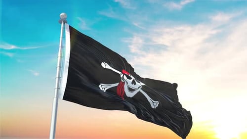 Realistic Waving Pirate Flag with Jolly Roger Symbol at Sunset