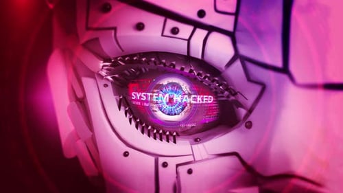 Robot head glowing red eyes Hacking hacker background. secure surveillance. digital eye in binary co