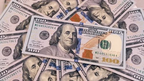 Dollars, American banknotes value of 100, rotate. Close-Up of banknotes. Hundred dollar bill