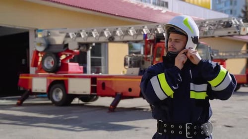 Porträt des gutaussehenden Feuerwehrmannes im ausgerüsteten Kostüm setzt einen Helm auf und blickt in die Kamera