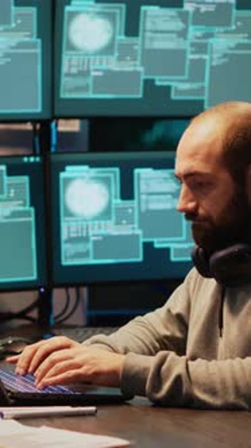 Un estafador cibernético de Vídeo vertical hackeando un servidor para destruir información