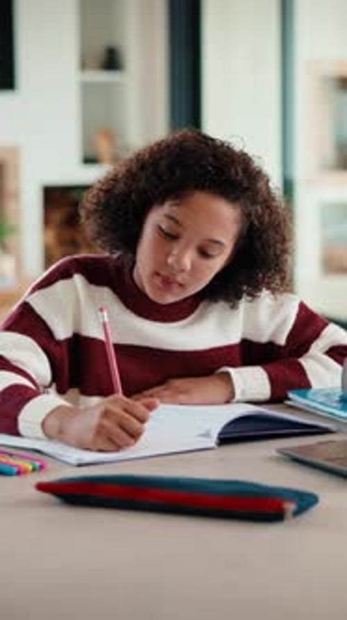 Girl, writing and book for education for homework for project, solution