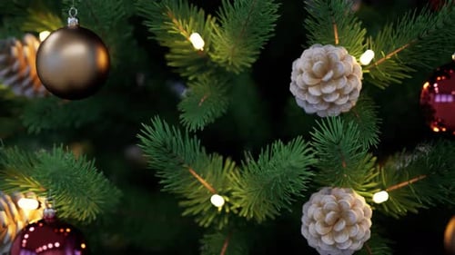 Close Up View Of Christmas Decorations Featuring Pinecones And Lights