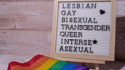 LGBTQIA+ Identity Terms on Letter Board with Rainbow Flag for Pride