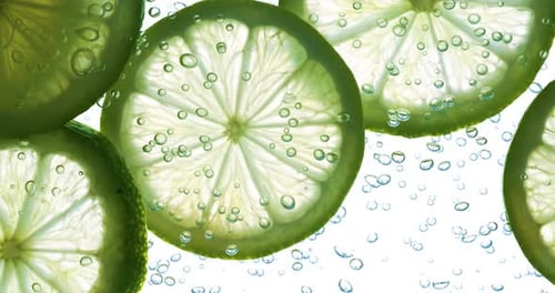 Lime Slices Floating with Bubbles
