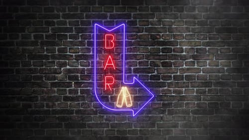 Bar neon signboard with blue right arrow flickering on bricks wall background.