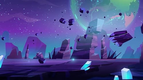 Cinematic Alien Crystal Landscape Floating Rocks on Planet, Cosmic sky, Cartoon Animations