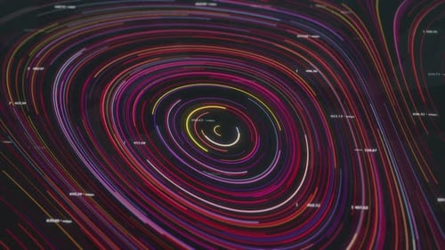 Nano-Kollektion: Animiertes Loop-Übergangselement aus mehrfarbigen rotierenden Neonkreisen mit Linien a