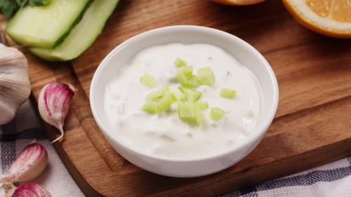Pouring Mayo White Creamy Sauce Closeup in Cafe Restaurant Cooking Fast Food Fries with Mayonaise