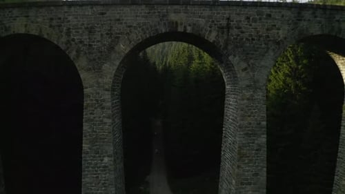 Rückwärts aus einem Wald unter dem Chmarocsky-Viadukt in der Slowakei geflogen.