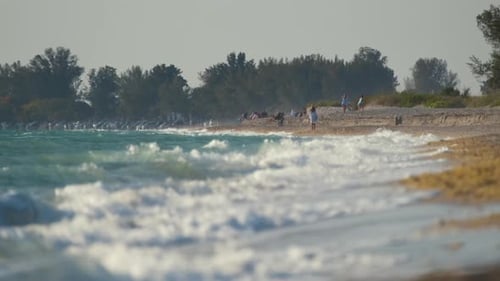 Seaside Sand Beach with Foamy Waves Crushing on Shore