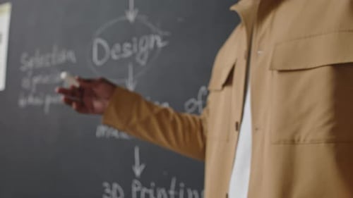 Hands of Teacher Holding Chalk and Speaking during Class