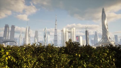 Horizonte animado del futuro de Dubái con edificios de alta tecnología