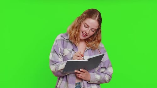 Woman Writing in Notebook on Green Screen