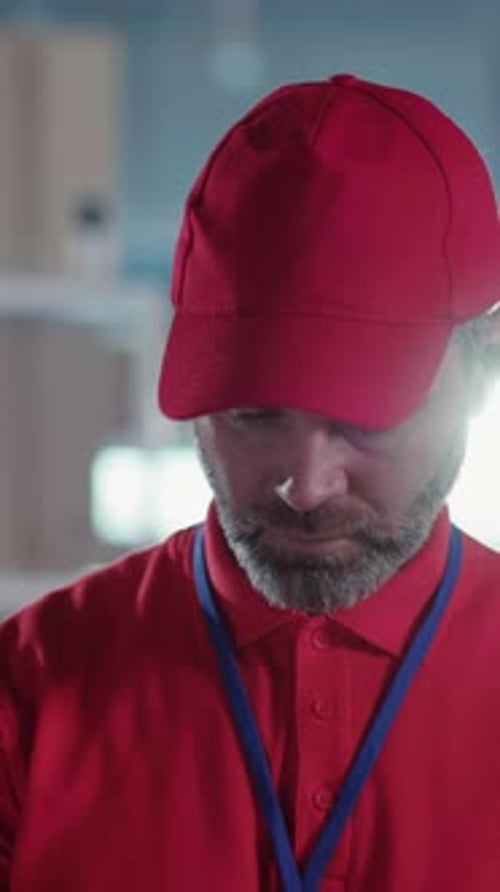 Portrait of Caucasian Millennial Adult Postal Manager in Red Professional Uniform Looking Serious to