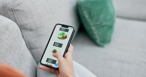 Woman, hands and phone on food website for delivery, order or meal on living room sofa at home