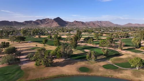 Aerial view of golf course and mountains, United States.