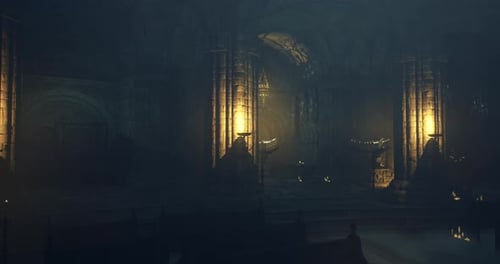 Mysterious Ancient Temple Interior with Glowing Pillars