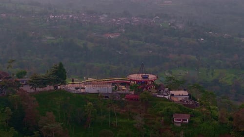 Aerial tele shot of building on the top of hill. Ketep Pass tourist destination on the hill. Magelan