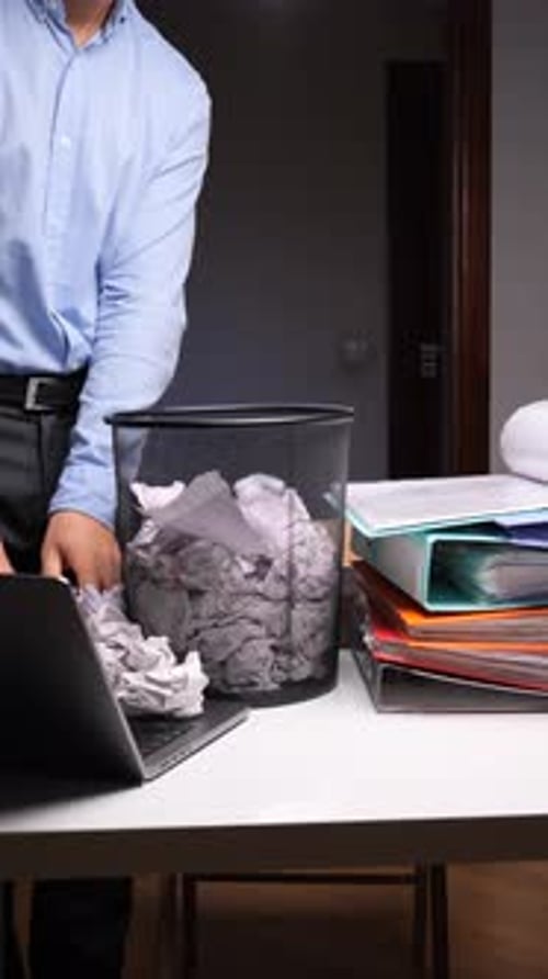 Vertical Video Business Man Discarding Crumpled Paper Feeling Stress and Overload