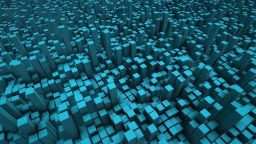 Fond tridimensionnel abstrait avec champ de blocs bleus se déplaçant doucement de haut en bas