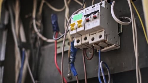 Electrical Wiring and Circuit Breakers in Panel Close Up