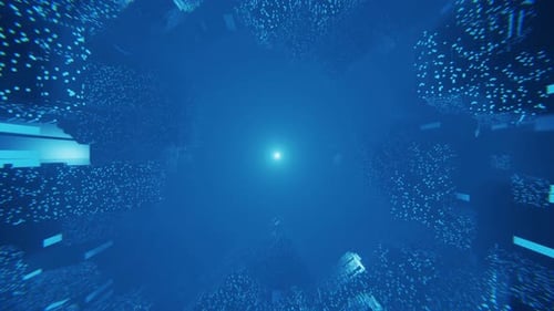 Flying through digital developed city skyscrapers with grids and neon lights