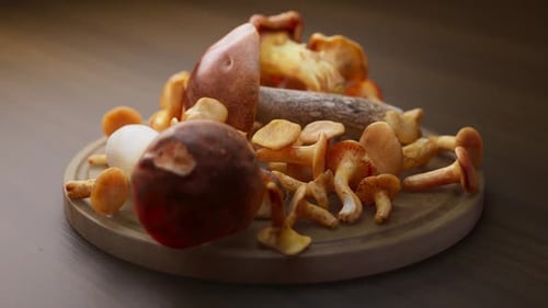 Rotating Wild Mushrooms on Wooden Board