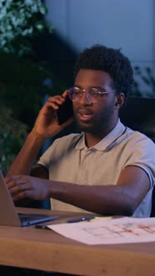 African American Architect Business Man Designer Businessman in Office Talk Mobile Phone Night
