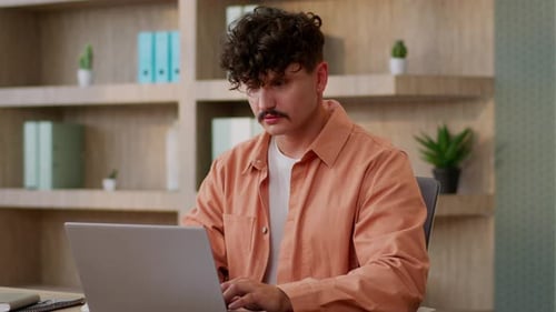 Computer Work in Office Studying Programming Male Businessman Guy Entrepreneur Working Online Laptop