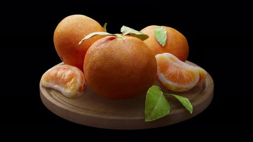 Rotating Fresh Oranges and Tangerine Segments on Wooden Cutting Board