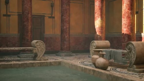 Ancient Roman Bathhouse Interior Showcasing Marble Architecture and Decor
