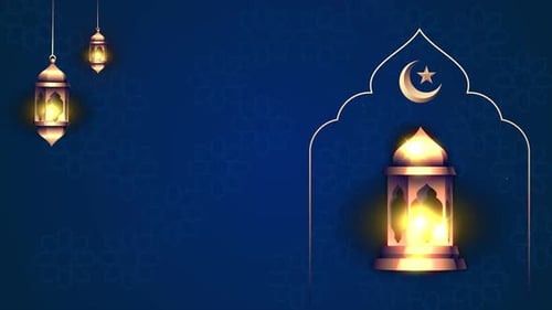 Luxuriöses Animationsthema von Eid Mubarak mit Lampe, Halbmond, Laterne und blauem Partikelhintergrund