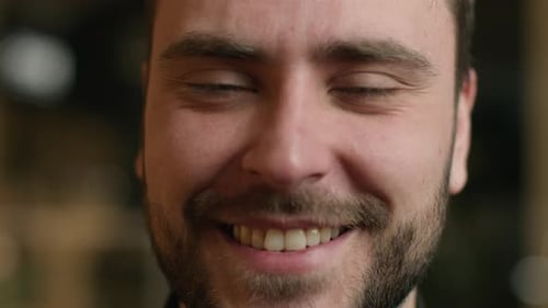 Close Up Happy Male Face Caucasian Man Guy Client Smiling Dental Toothy Smile Laugh Healthy Teeth