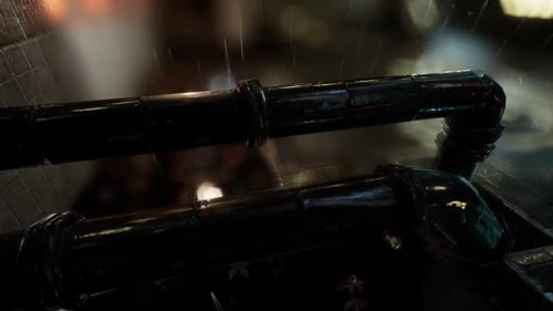 Dark Industrial Pipes with Rain and Reflections Background