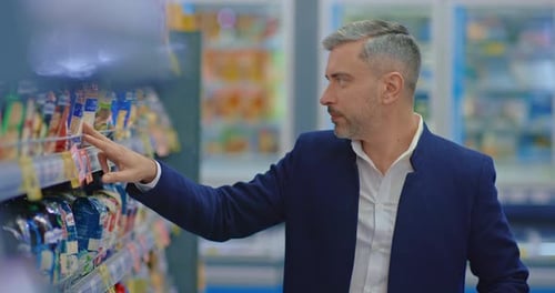 Married Man Shopping Alone in Supermarket Choosing Groats in Grocery Store Portrait Prores