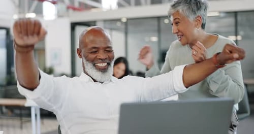 Business people, group celebration and office dance with happy workers, crypto or fintech goal