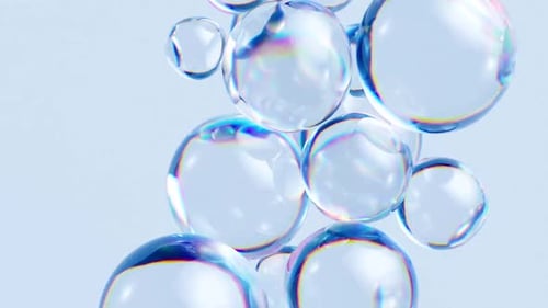 Iridescent bubbles float gently in a serene, minimalist space