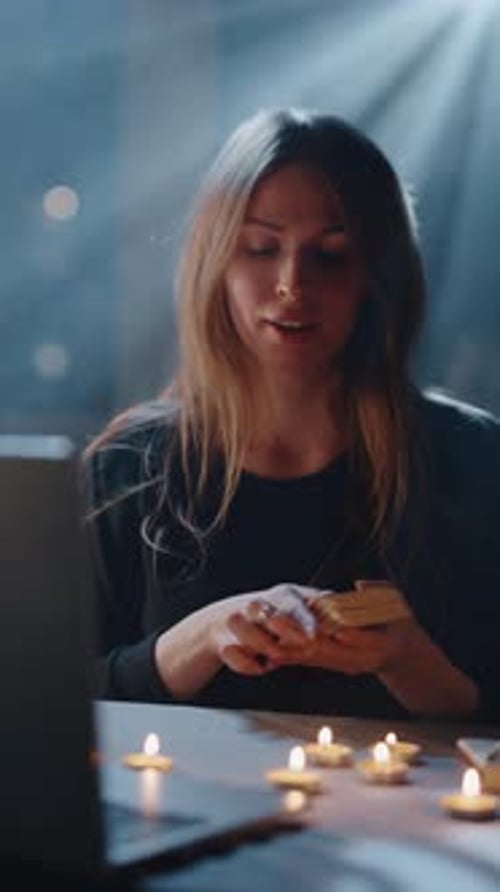 Woman Reads Tarot Cards in Candlelit Room