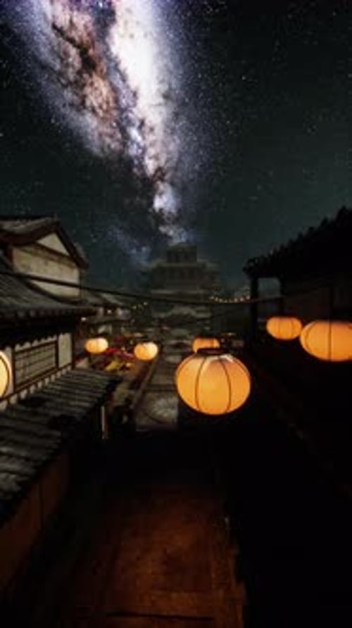 Night Sky and Milky Way View Over Japanese Temple