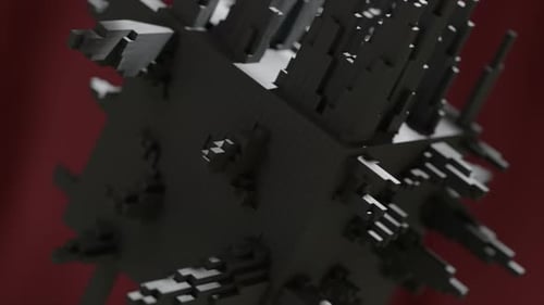 Geometric Cube Structure with Intricate Pixelated Protrusions Rotating Slowly Against Vibrant Red