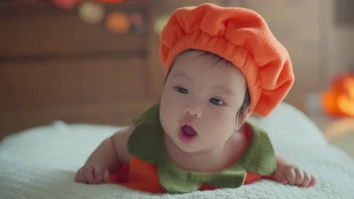 Adorable Infant Wearing Pumpkin Costume for Halloween