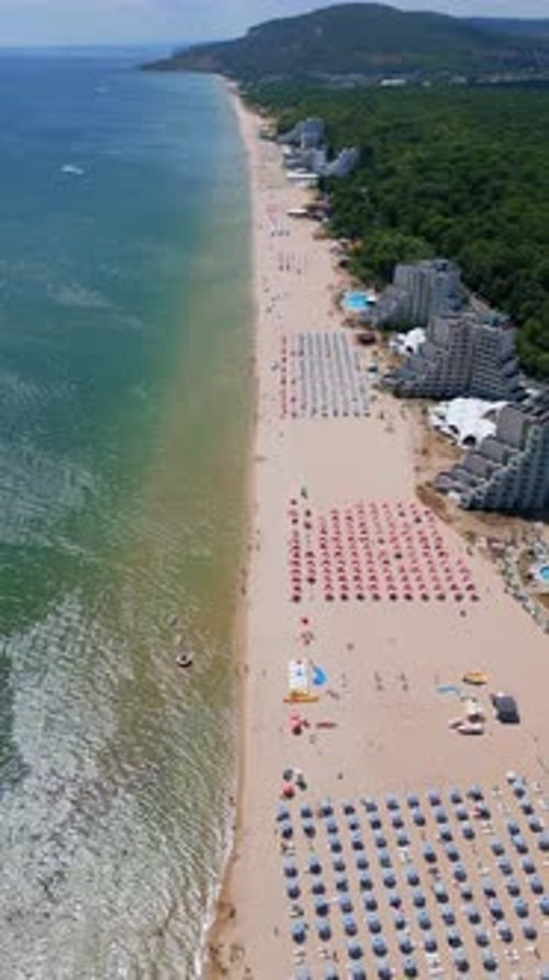 Drone Video of a Sprawling Beach with Rows of Umbrellas Sunbathers and Water Activities The Aerial