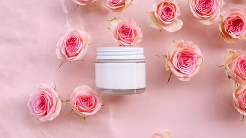 Kosmetikflasche aus Glas und rosa Rosenblüten in Zeitlupe der Wellen, Wasser, klares Wasser mit Reflexionen