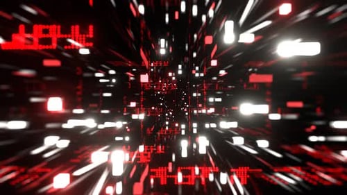 Rot-weißer digitaler Neonhintergrund mit Würfeln und Punkten, VJ Loop in 4K