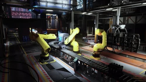 Automatisiertes Förderbandsystem mit Roboterarmen in einer modernen Fabrikumgebung