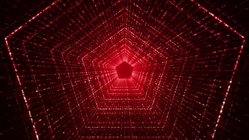 abstrakter Hintergrund mit Pentagon-Tunnelpartikeln, rot gefärbter, schleifenförmiger Hintergrund