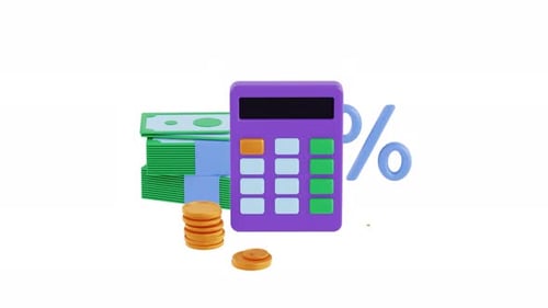 Conceito de dinheiro, finanças, economia. Animação de renderização 3D. Calculadora, notas de dólar e moedas