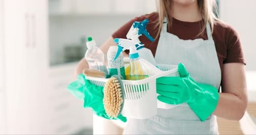 Woman with basket, cleaning chemical and hygiene with bottle of disinfectant spray
